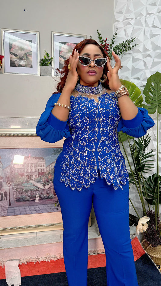 Two Pieces Blue Stoned Blouse And Pant v